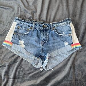 Distressed rainbow denim shorts